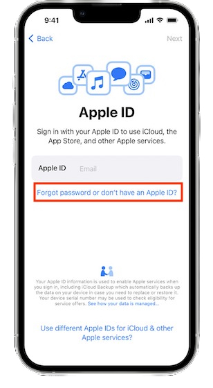 Forgot password or don’t have an Apple ID option on iPhone