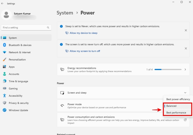 Changing Power Plan in Power Settings of Windows 11