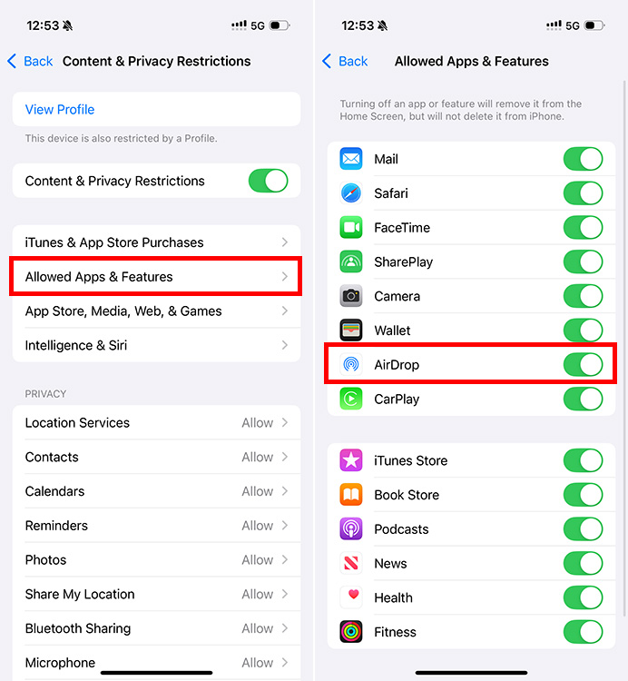 Check AirDrop restrictions on iPhone