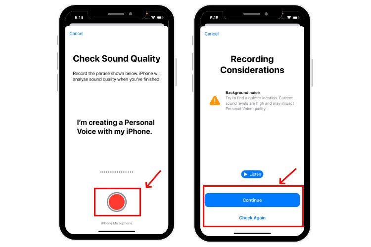 Check Sound Quality to train Personal Voice in iOS 17