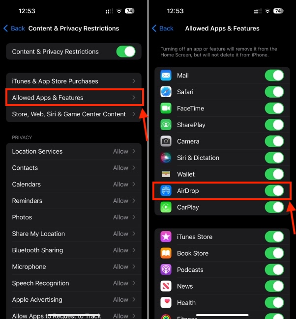 Check if AirDrop is allowed in iOS Settings