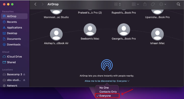 Choose Everyone in Mac's AirDrop Settings