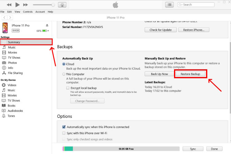 Choose Restore Backup in the iTunes app