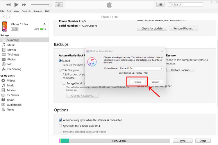 Choose a backup in iTunes to recover permanently deleted photos on iPhone