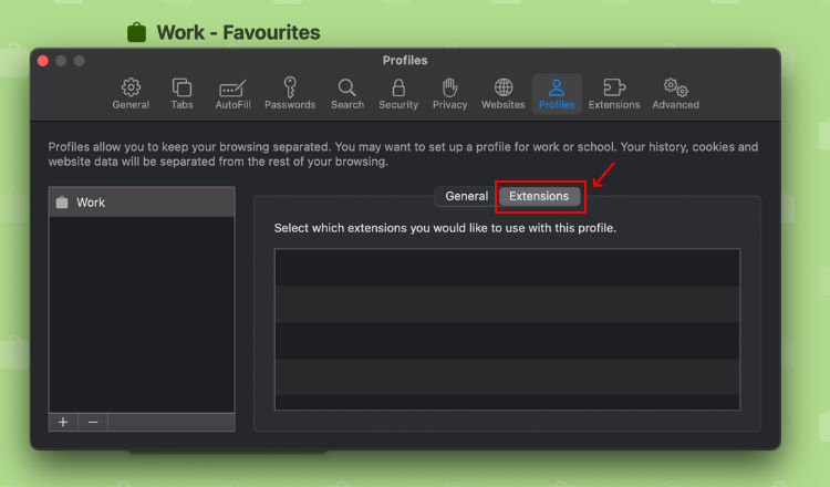 Choose extensions for Safari profiles