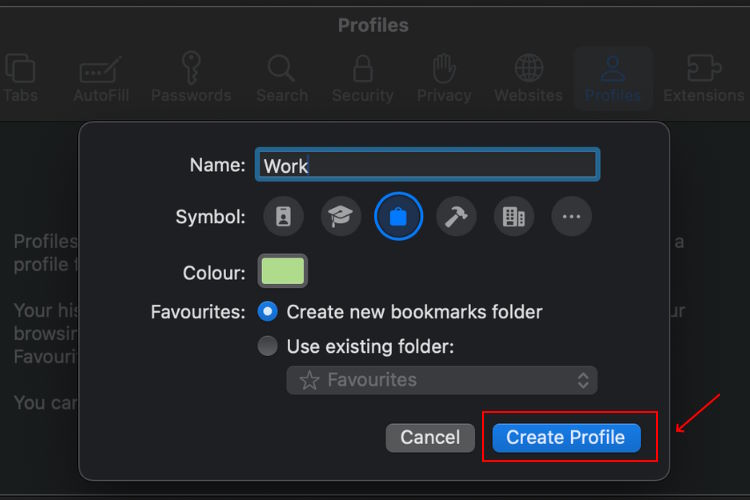 Choose to create profile in Safari on Mac