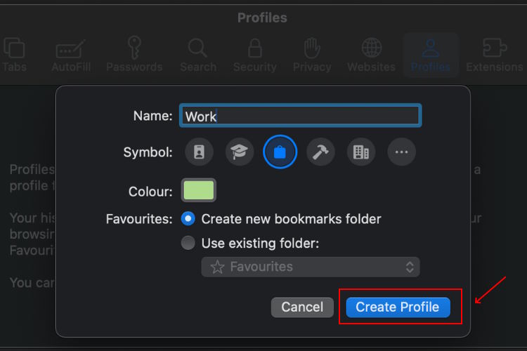 Elija crear un perfil en Safari en Mac