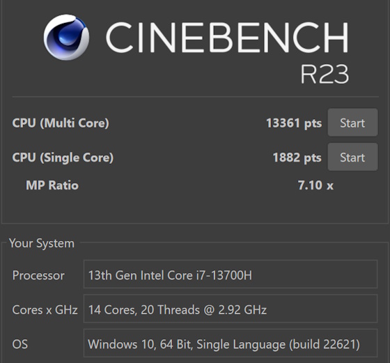 Core i7-13700H Cinebench R23 Scores