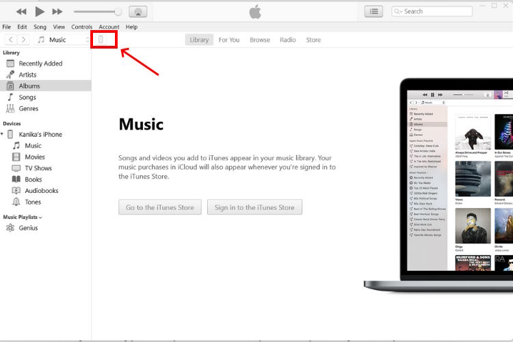 Click the iPhone icon in the iTunes app
