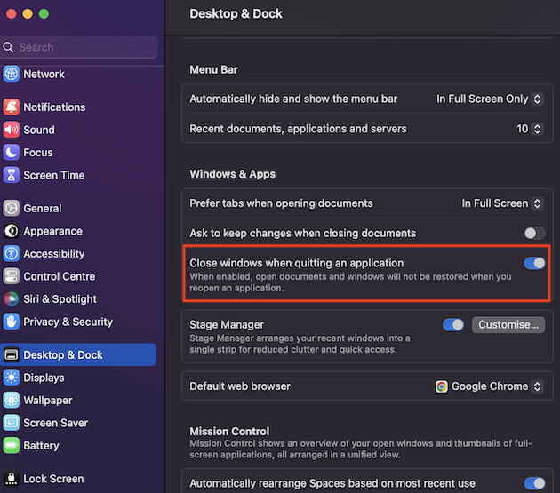 Close windows when quitting an application settings on Mac