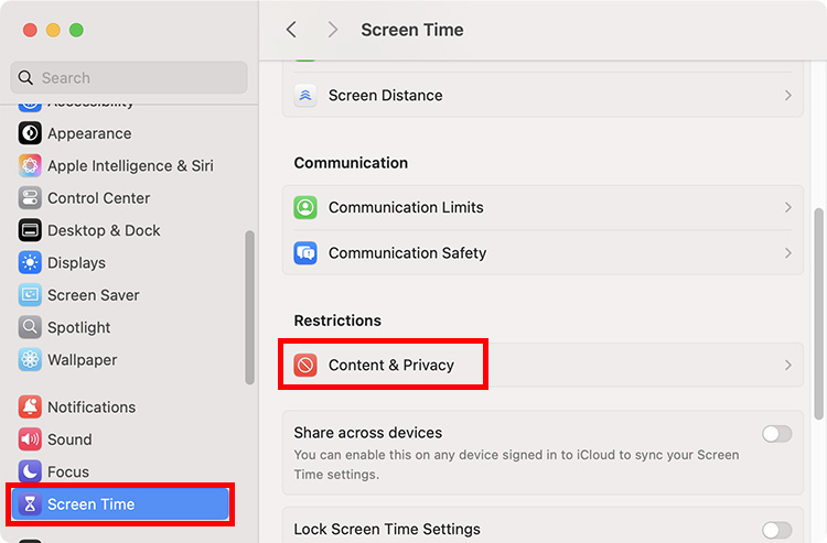 Content and Privacy Restrictions settings on Mac