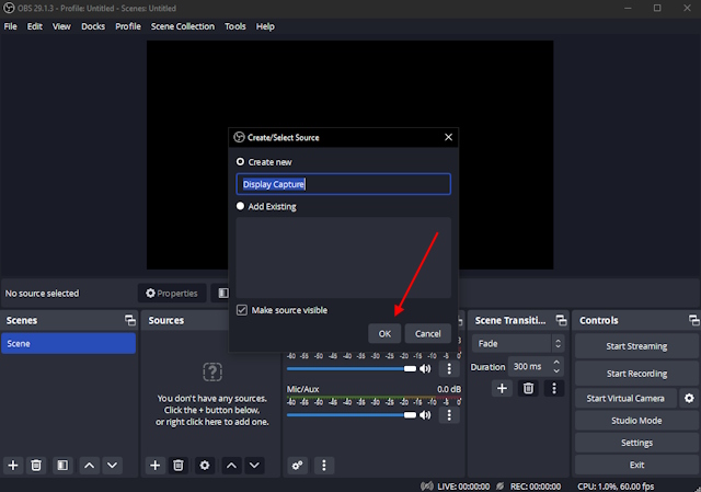 Creating a New Display Capture Source on OBS