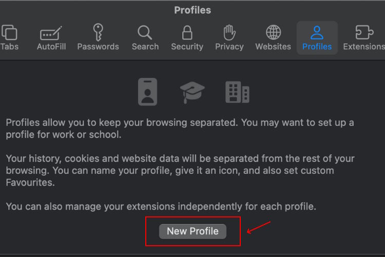 Create new profile in Safari on Mac