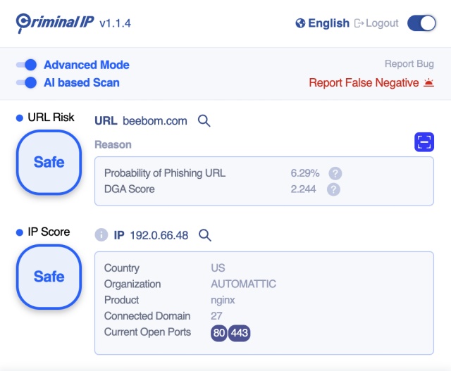 An screenshot of Criminal IP's URL report