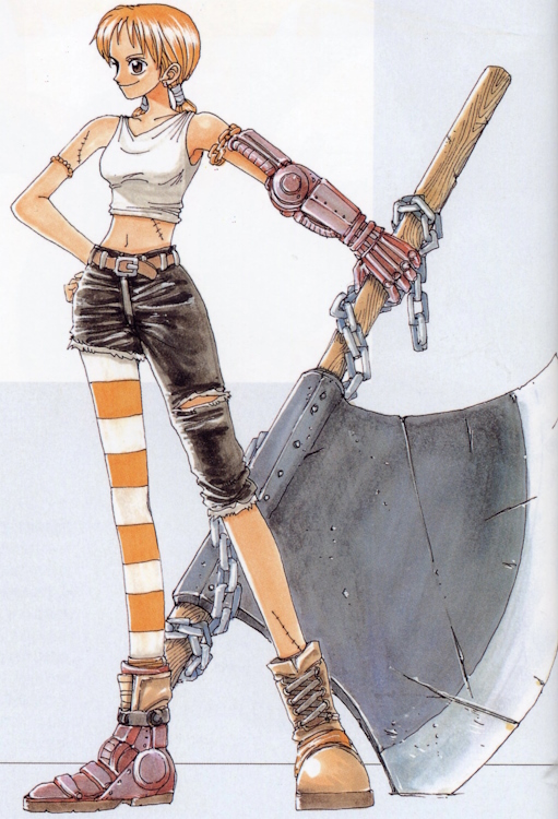 Oda's early design of Nami with Prosthetics in One Piece.