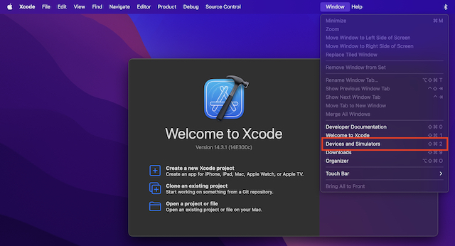 Devices and simulators option under Windows tab