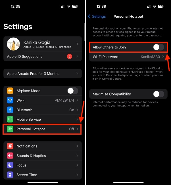 Disable Personal Hotspot in iPhone Settings