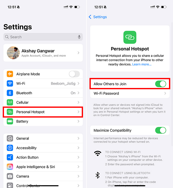 Steps to disable Personal Hotspot on iPhone to fix AirDrop not working