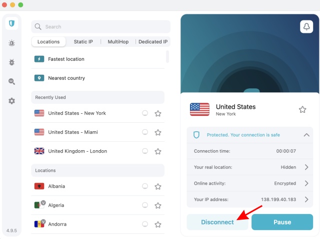 Surfshark menu showing how to disconnect