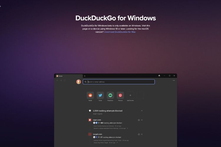 DuckDuckGo for Windows landing page