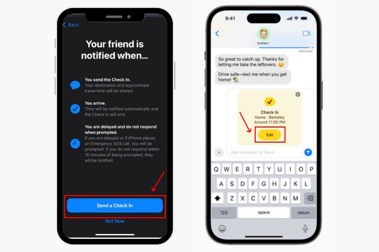 The Check In Edit option in Messages app