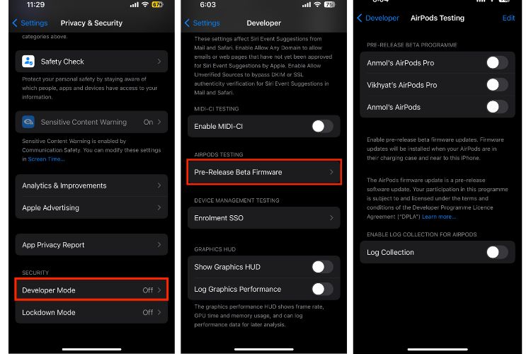 Enable beta firmware on AirPods from Developer Mode on iPhone