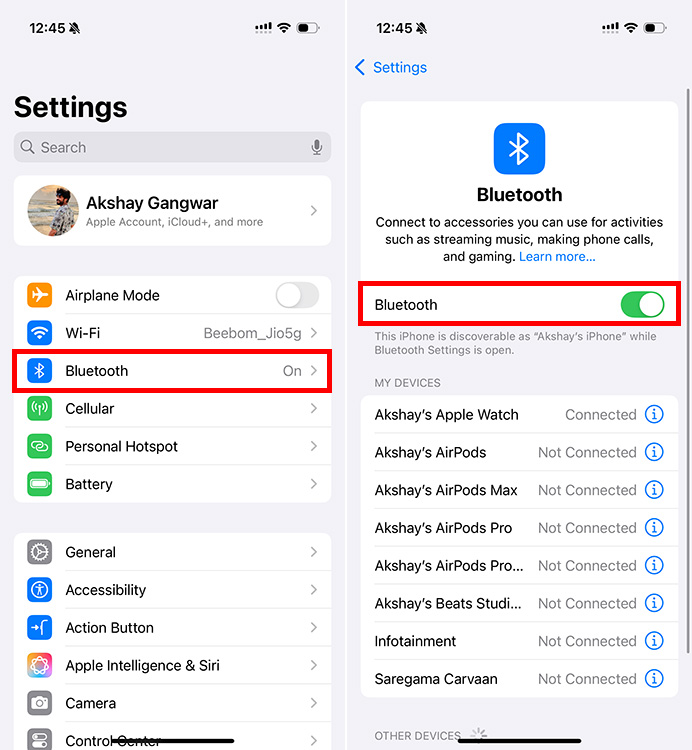 Steps to enable Bluetooth on iPhone to fix AirDrop not working