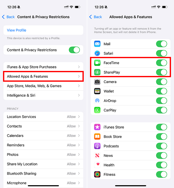 Enable FaceTime and SharePlay within iPhone content restrictions settings