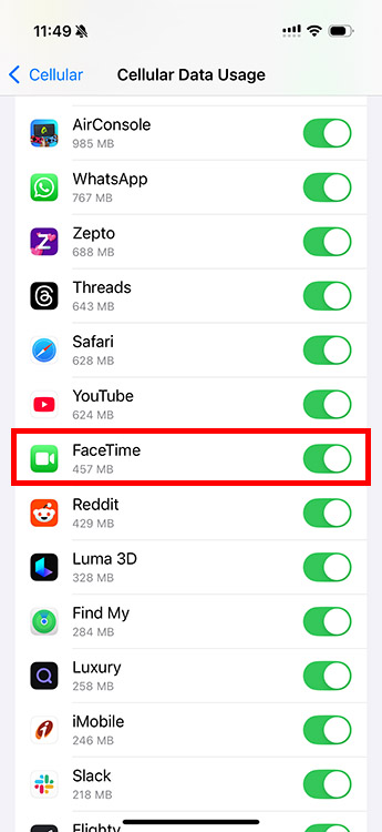 Enable cellular data access for FaceTime