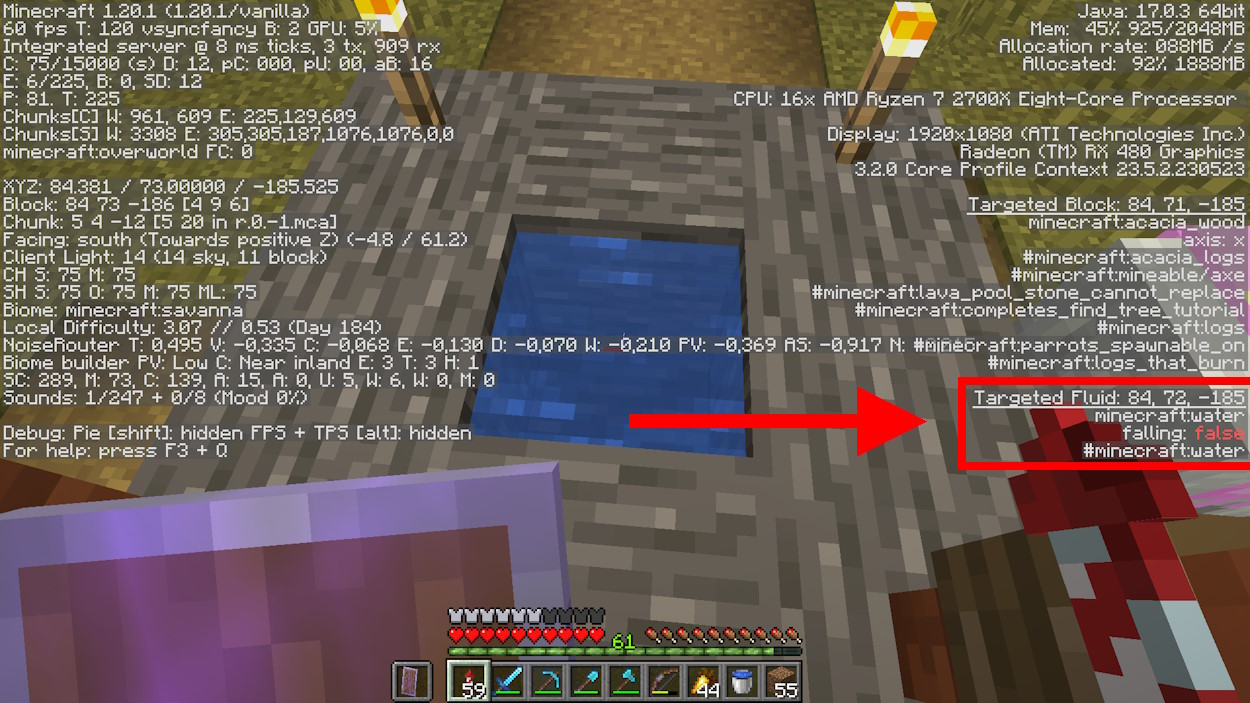 Targeted fluid section on the right side of the F3 debug screen in Minecraft