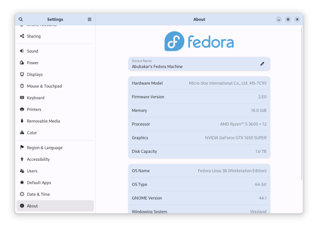 Fedora Device name in settings