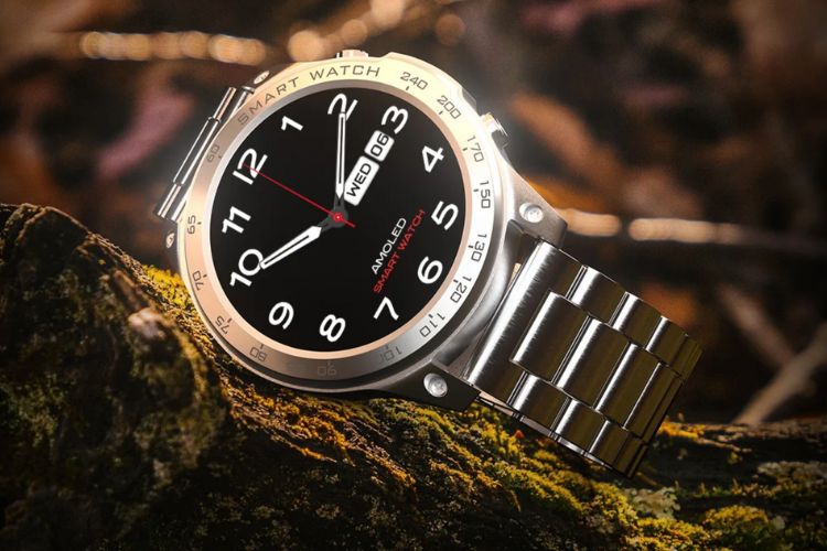 Fire-Boltt Dagger Luxe smartwatch placed on a rock with a brown background