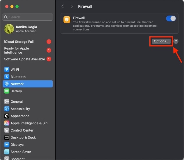 Firewall Options in Mac System Settings 