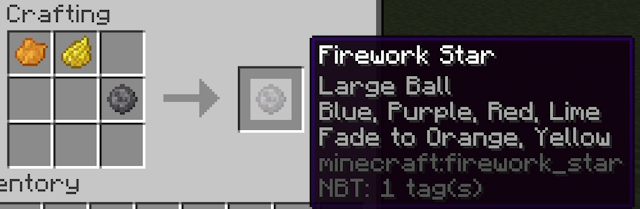 Crafting recipe for a firework star with "fades to color" effect