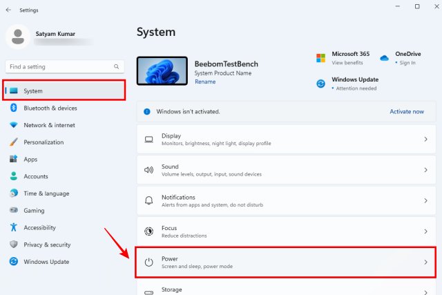 Selecting Power Settings in Windows 11 Settings