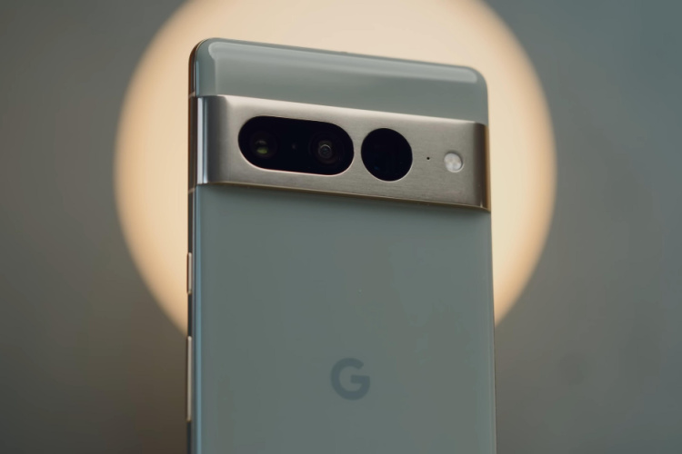 Google Pixel 7 Pro in Green color option showcased with a gray background