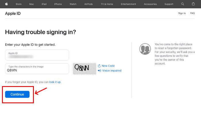 Enter Apple ID password on iForgot.com