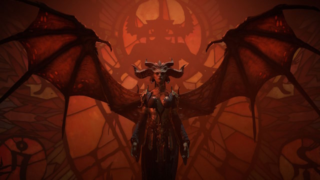 A picture of Lilith from Diablo 4, standing Valiantly