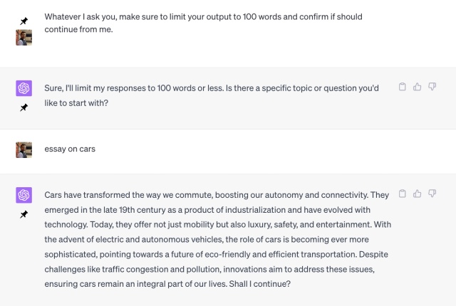 a chatgpt conversation asking it to reduce its message size to 100 words.