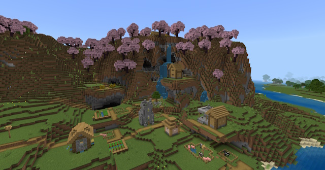 Plains Village บนหน้าผาของ Cherry Grove ใน Minecraft 1.20