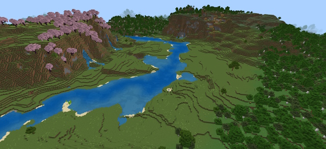 River going through a plains biome that's separating a cherry grove and a meadow