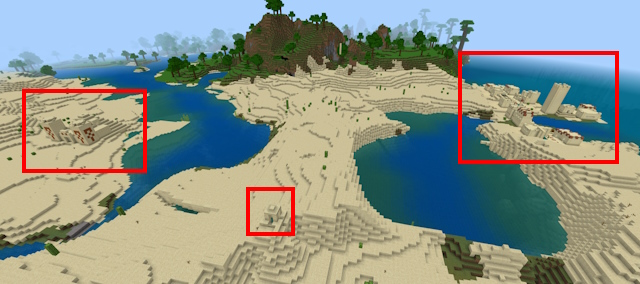Drie verschillende structuren heel dicht bij elkaar in het woestijnbioom in Minecraft 1.20