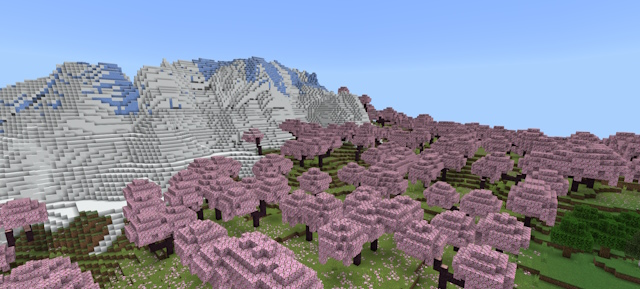 Cherry grove biome with a snowy mountain in the center