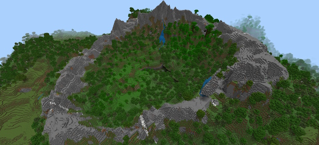 دره عظیم که توسط قله های سنگی در Minecraft 1.20 احاطه شده است