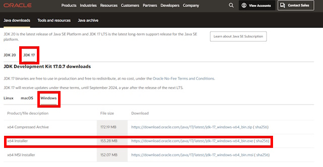 Select Java 17, Windows and click on the x64 installer