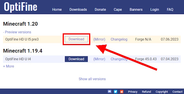 Click download under OptiFine HD U I5