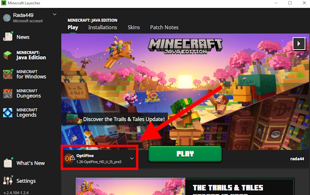Select OptiFine in the Minecraft 1.20 launcher and click play