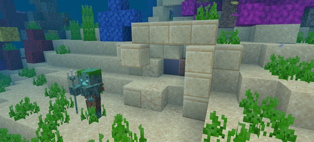 Underwater warm ocean ruins and drowned walking around in Minecraft 1.20