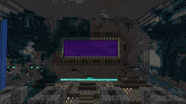 Nether portal lit behind the giant warden-like structure in the ancient city