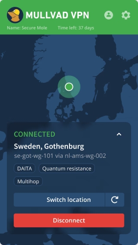 Mullvad VPN Linux app connected to Sweden